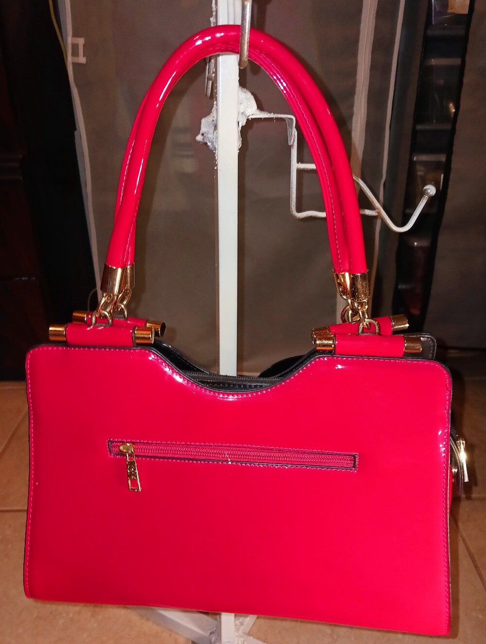 Patent Leather Top-Handle Bag in Bright Red With Black